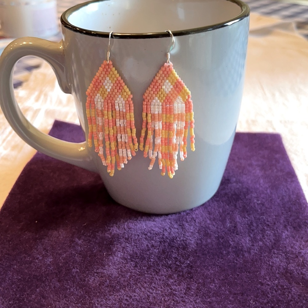 Hand beaded fringe checkered earrings.